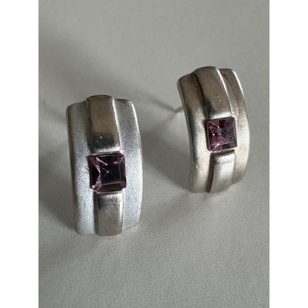 Vintage CA 925 Sterling Silver Purple Stone Curved Rectangle Post Earrings